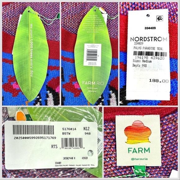 Farm Rio Palms Paradise Teal Cardigan Sweater Blue Red Medium NEW - Picture 7 of 17